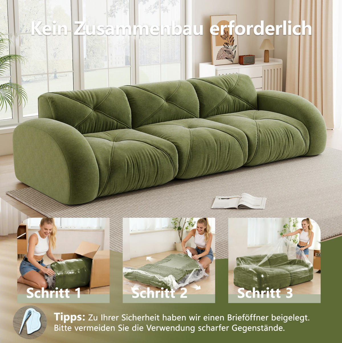 3-SITZER Sofa rahmenlos mit Chenille-Bezug, 32D-Schaumstoff und flexiblem Aufbau, Grün - Grün, Textil (281/76/95cm) - Redom