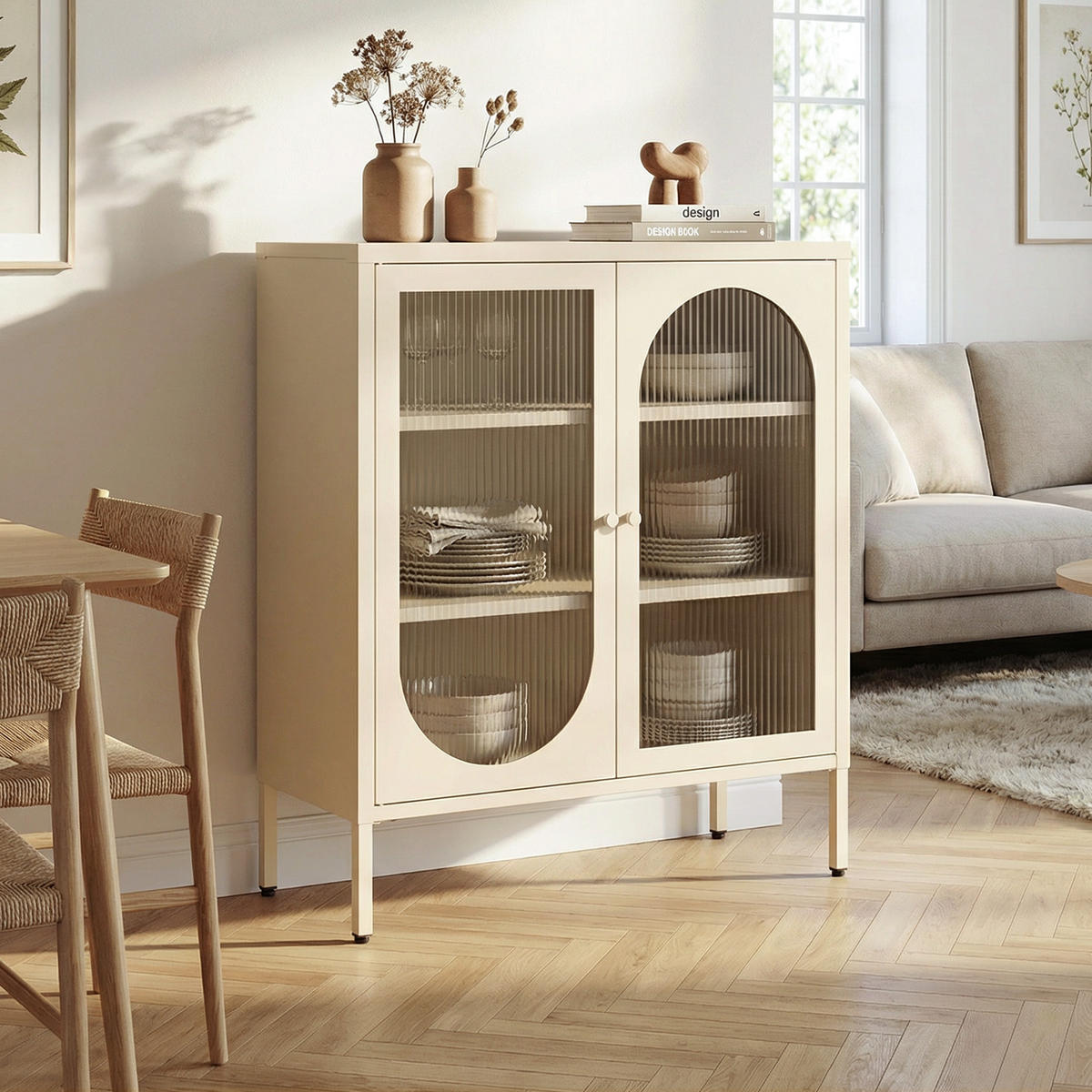 KURT Sideboard aus Metall im Industriestil mit 2 Türen, beigefarbenes Riffelglas, 80 cm - Beige, Metall (80/90/35cm) - Sicaan