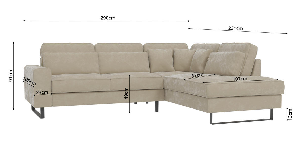ECKSOFA Zuri Beige Samt - Beige/Schwarz, Holz/Kunststoff (290/231cm) - S-Style Möbel