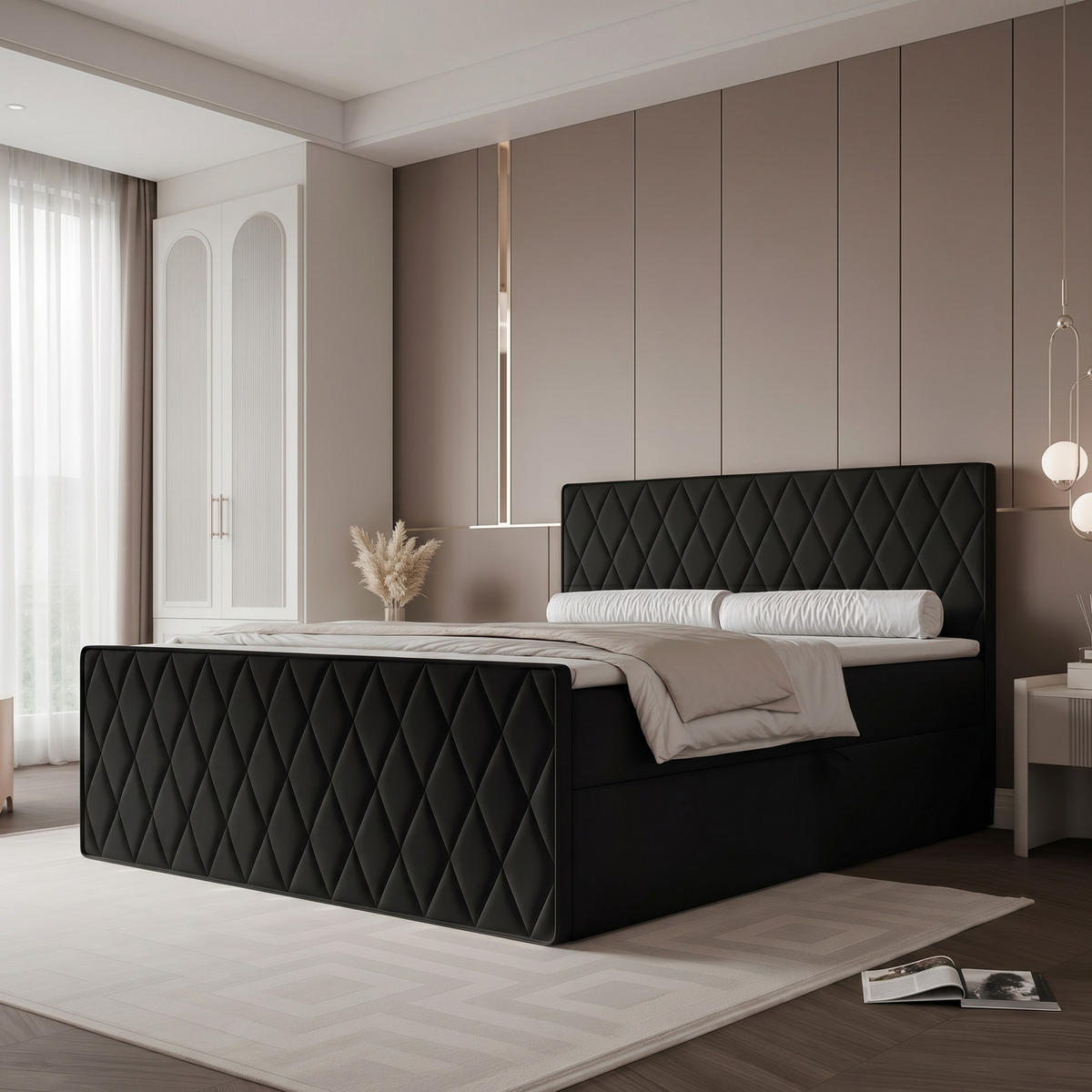 BOXBETT PONTI III 140x200 cm Schwarz (Samt) - mit 2 Bettkästen, Bonellmatratze und Rautensteppung - Schwarz, Holzwerkstoff/Textil (140/200cm) - Ravio