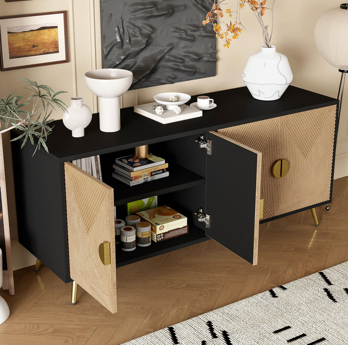 SIDEBOARD 160/40/75 cm aus MDF und Holzwerkstoff mit Sanftschluss und goldfarbenen Griffen Schwarz/Holzfarben - Schwarz, Holzwerkstoff (160/75/40cm) - Modenvie