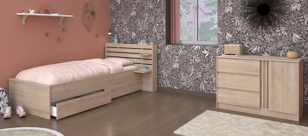 SCHLAFZIMMER-SET Eiche japanisch, Set 2-teilig mit Stauraumbett und Kommode - Eichefarben, Holzwerkstoff/Metall (152/89/217cm) - Parisot Meuble