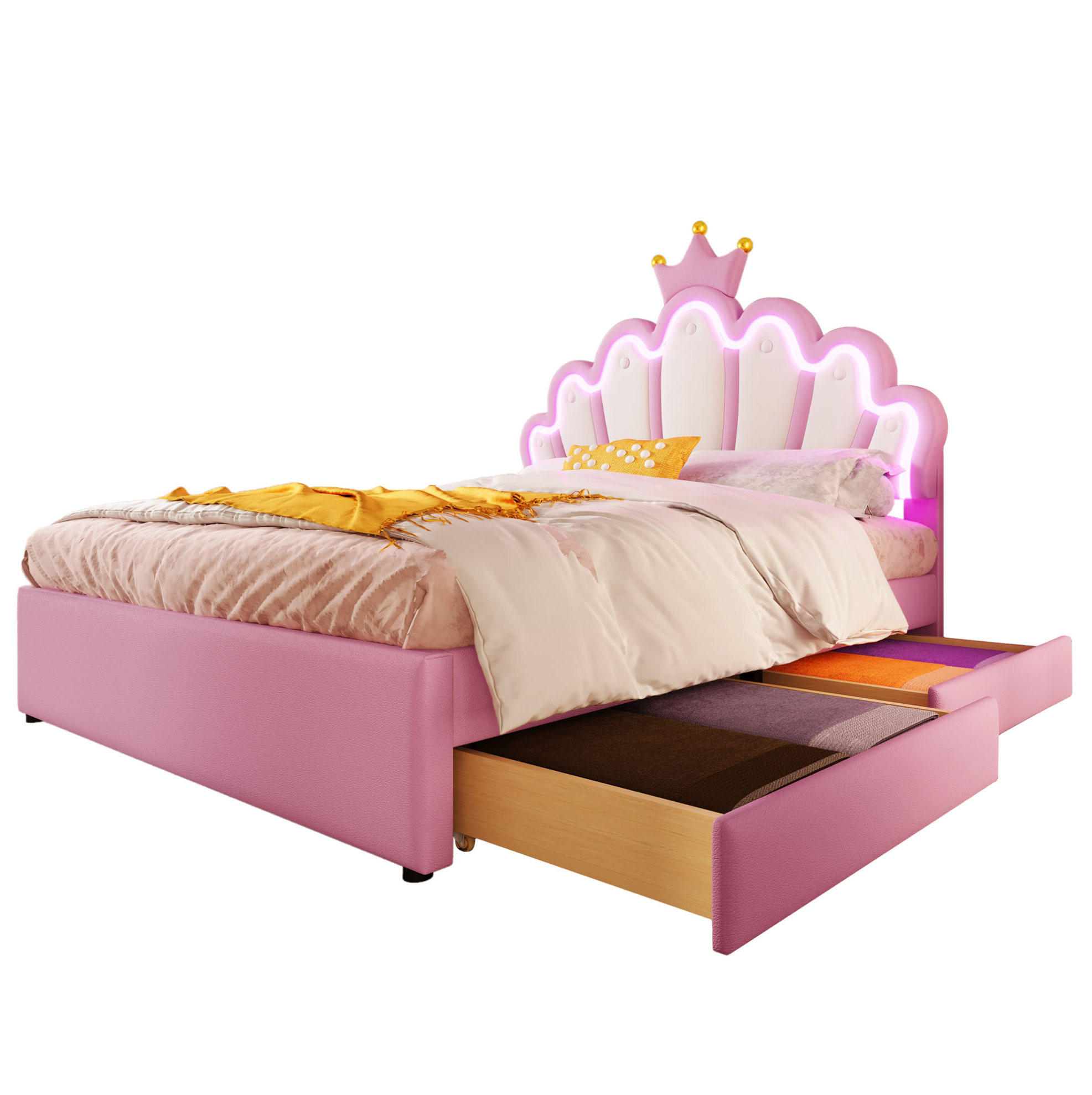 POLSTERBETT Kronenform 140/200 cm, Rosa mit 2 Schubladen und LED-Lichtleisten - Rosa, Kunststoff (140/200cm) - MIVRAY