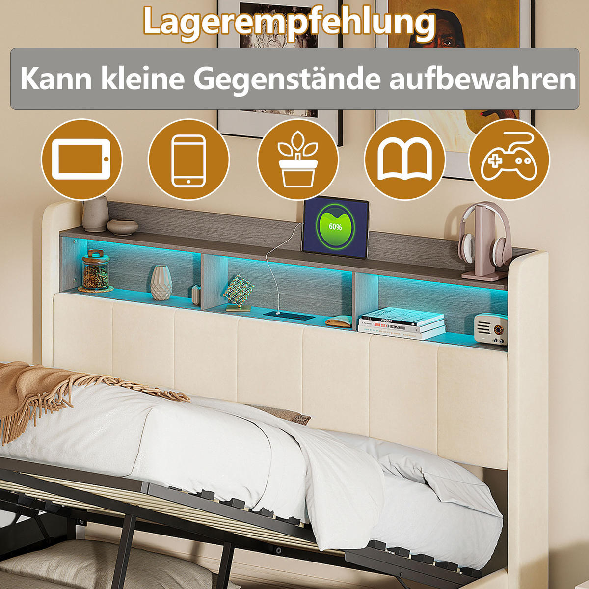 POLSTERBETT 140x190 cm Beige mit LED, Stauraumkopfteil & USB-C - Beige, Holz (140/190cm)