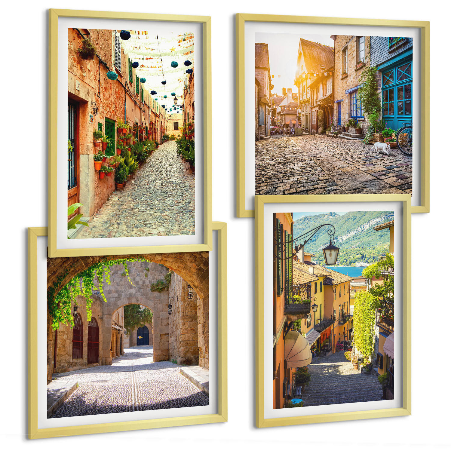 BILDER SET 4er Set - 50x50 cm & 40x60 cm Goldrahmen - Charmante Straßen mit Steinen - Goldfarben, Kunststoff (50/50cm) - TULUP