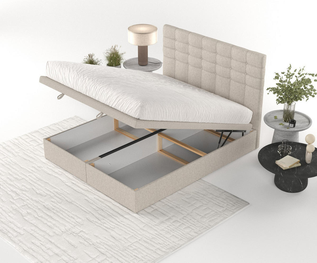 POLSTERBETT Callo mit Stauraum 200/200 cm Hellbeige im Megan Stoff - Sandfarben/Schwarz, Holz/Holzwerkstoff (200/200cm) - AltaBeds