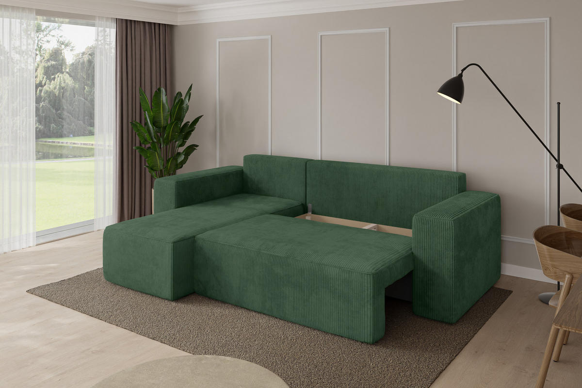 ROHOVÁ SEDAČKA s funkcí spaní, otoman vlevo SENO-L 249x139x85 zelená manšestr - černá/tmavě zelená, kompozitní dřevo/textil (249/139cm) - ALTDECOR