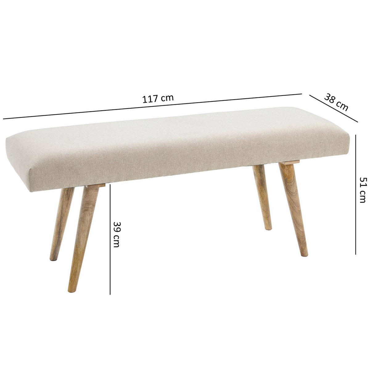 SITZBANK SILE Retro Stil Stoffbezug Massivholz, Beige 117x38x51 cm - Beige/Braun, Mangoholz/Textil (117/51/38cm) - KADIMA DESIGN