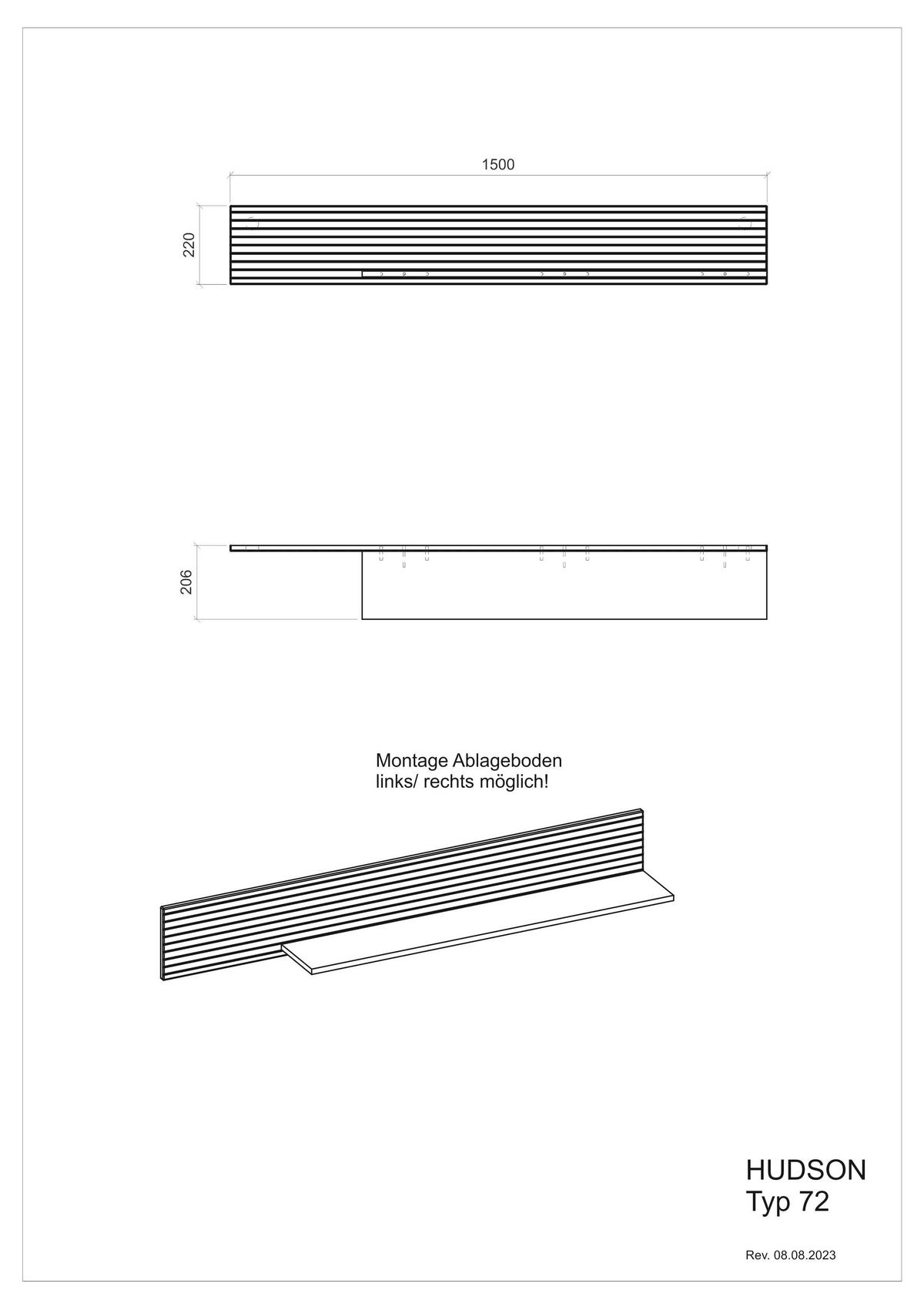 WANDBOARD M17 Weiß Matt 150/22/21 cm mit Rillen - Weiß, Holzwerkstoff (150/22/21cm) - Livojo