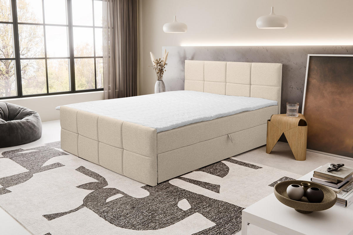 BOXBETT DORIS mit 2 Bettkästen, 160x200, Farbe: Beige, Velourstoff, mit Bonell-Matratze inkl. Topper - Beige, Holz/Kunststoff (160/200cm) - VENASI MÖBEL