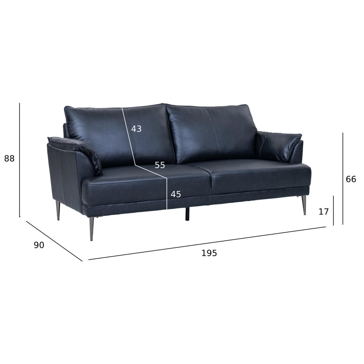 DREISITZER-SOFA Echtleder Schwarz - Schwarz, Leder/Metall (195/88/90cm) - Furnhouse