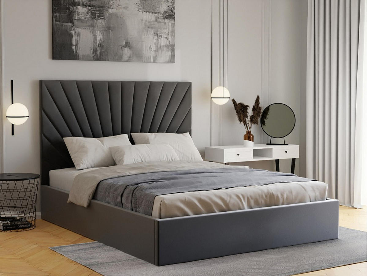 BETT mit Bettkasten - 2 Personen - Samt, Stoff - Anthrazitgrau - - Anthrazit, Textil (180/200cm) - Vente-Unique