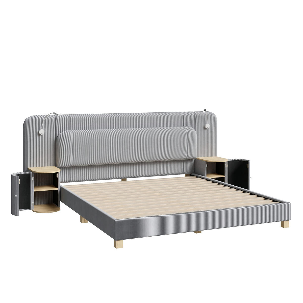 POLSTERBETT 180/200 cm mit Nachttischen und LED, DE-41849, in Grau - Grau, Holzwerkstoff (180/200cm) - ComfortXL