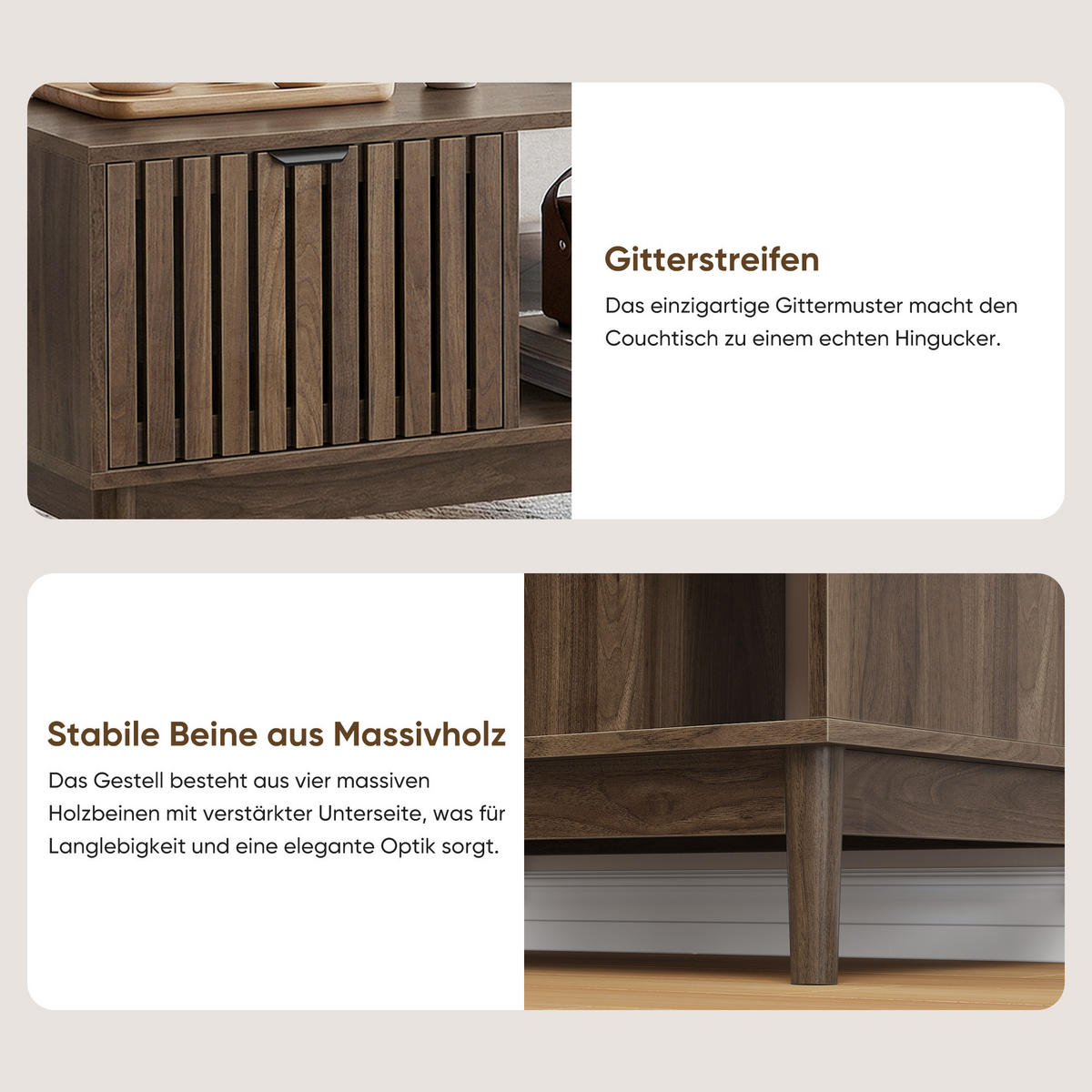 COUCHTISCH holzoptik & gitter-design mit schublade & offenen fächern - Walnussfarben, Holzwerkstoff (50/80/45cm) - Urban Meuble