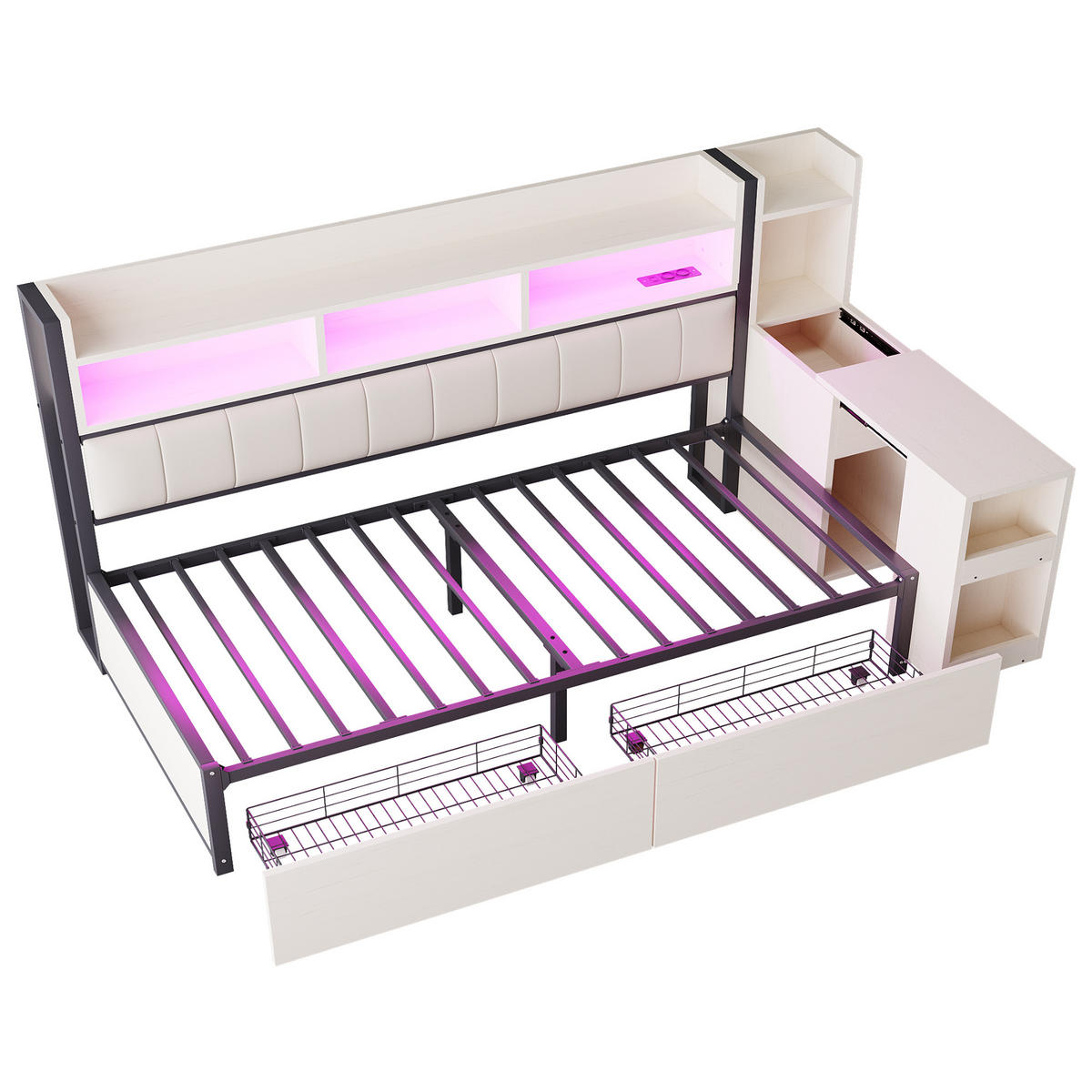 BETT 90/200 cm mit Schreibtisch und Stauraum Weiß Metall & Holz - Weiß, Metall (90/200cm) - OKWISH