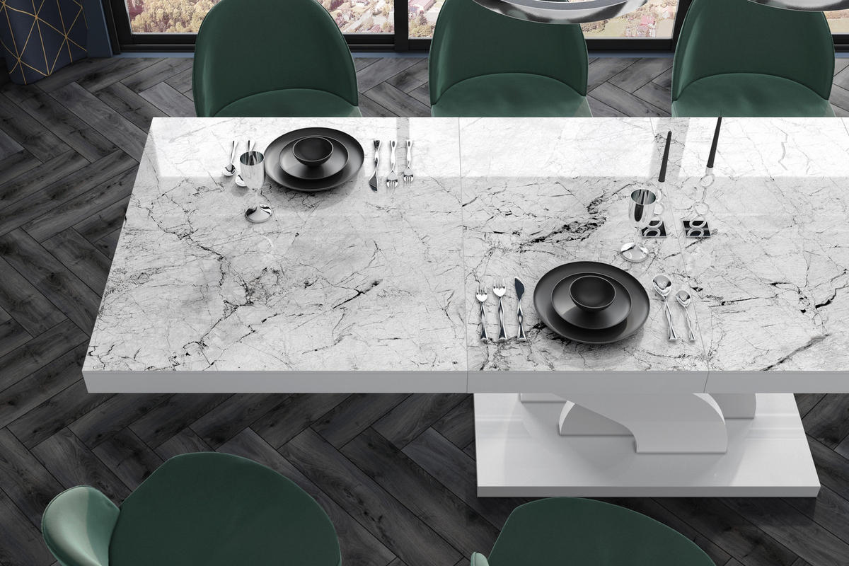 ESSTISCH rechteckig Marmoroptik - Weiß Hochglanz ausziehbar 160-256 cm - Weiß Hochglanz/Weiß, Holzwerkstoff (89/160/74cm) - designimpex