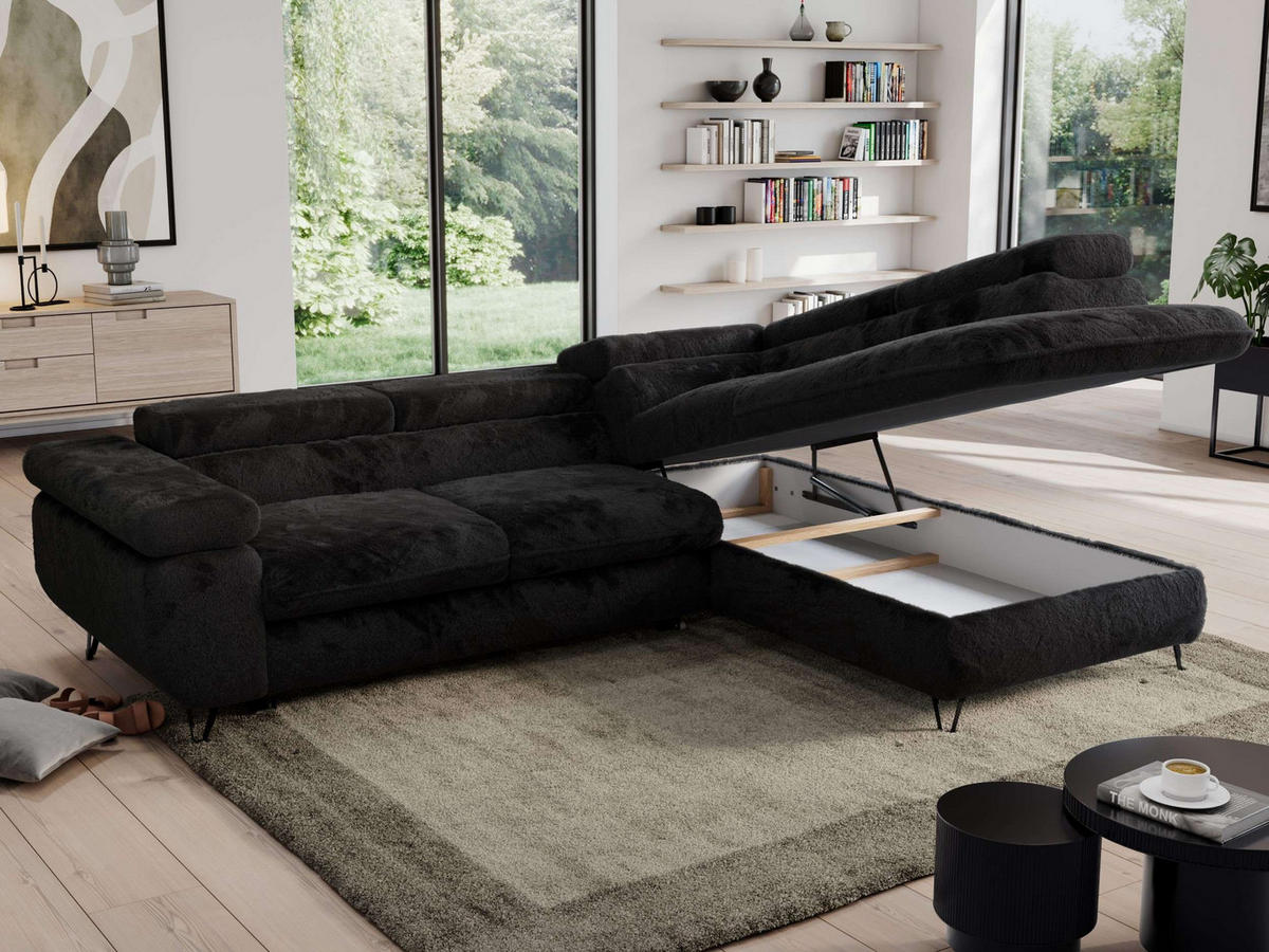 ECKSOFA PEDRO L Schwarz Plüsch - Rechts Seite - Schwarz, Textil/Metall (273/208cm) - MKS
