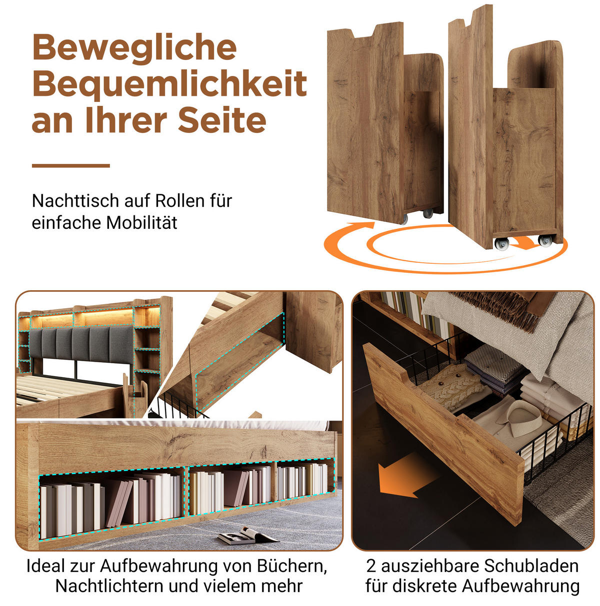 POLSTERBETT 160/200 cm Eichefarben mit LED-Beleuchtung, USB-Anschlüssen, Stauraum und Rollschubladen - Naturfarben, Holz (160/200cm) - OKMYHOME