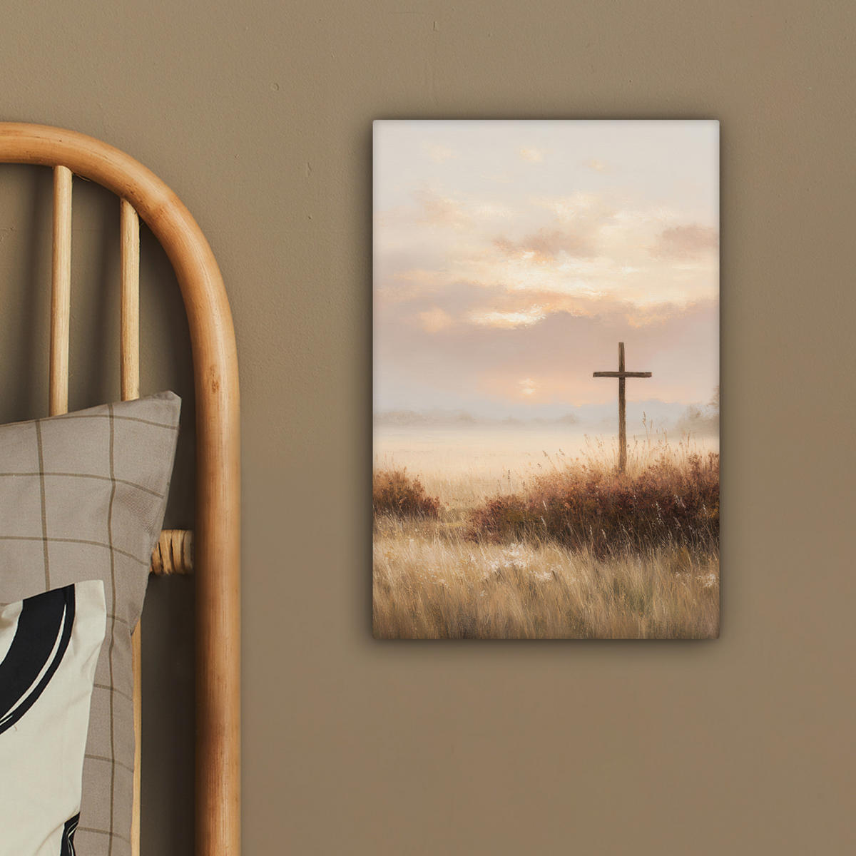 LEINWANDBILD Gras - Morgennebel - Kreuz - Christentum Deko Wohnzimmer 20x30 cm - Beige, Textil (20/30cm) - MuchoWow