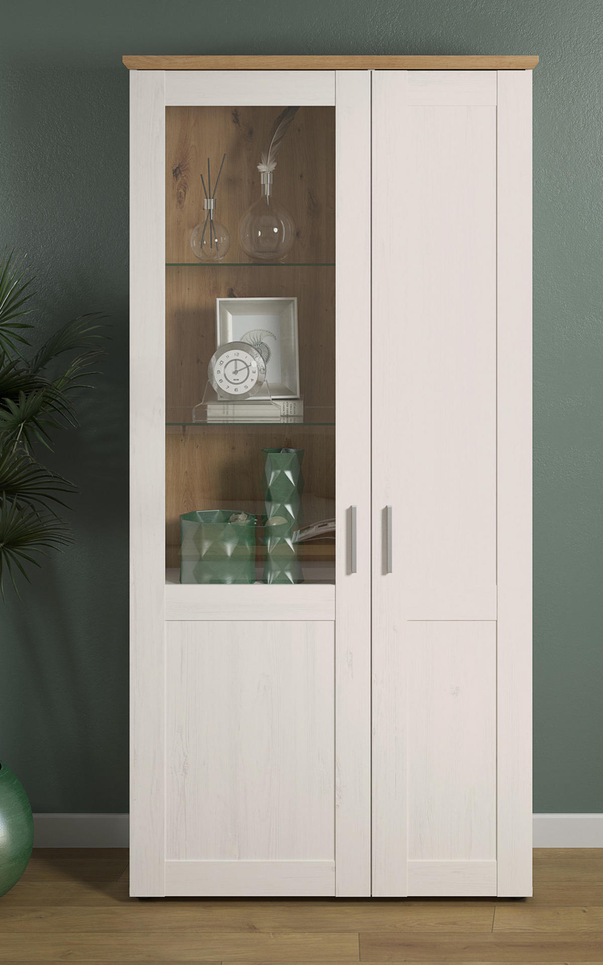 VITRINE Pinie weiß, Eiche Artisan 95 x 194 cm, Vitrinenschrank Landhaus-Stil - Silberfarben/Schwarz, Glas/Holzwerkstoff (95/195/38cm) - Top.Furn