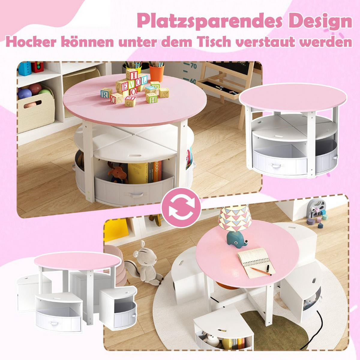 KINDERTISCHE mit Stühlen rosa(5-tlg) - Pink, Holzwerkstoff (79/51/79cm) - COSTWAY