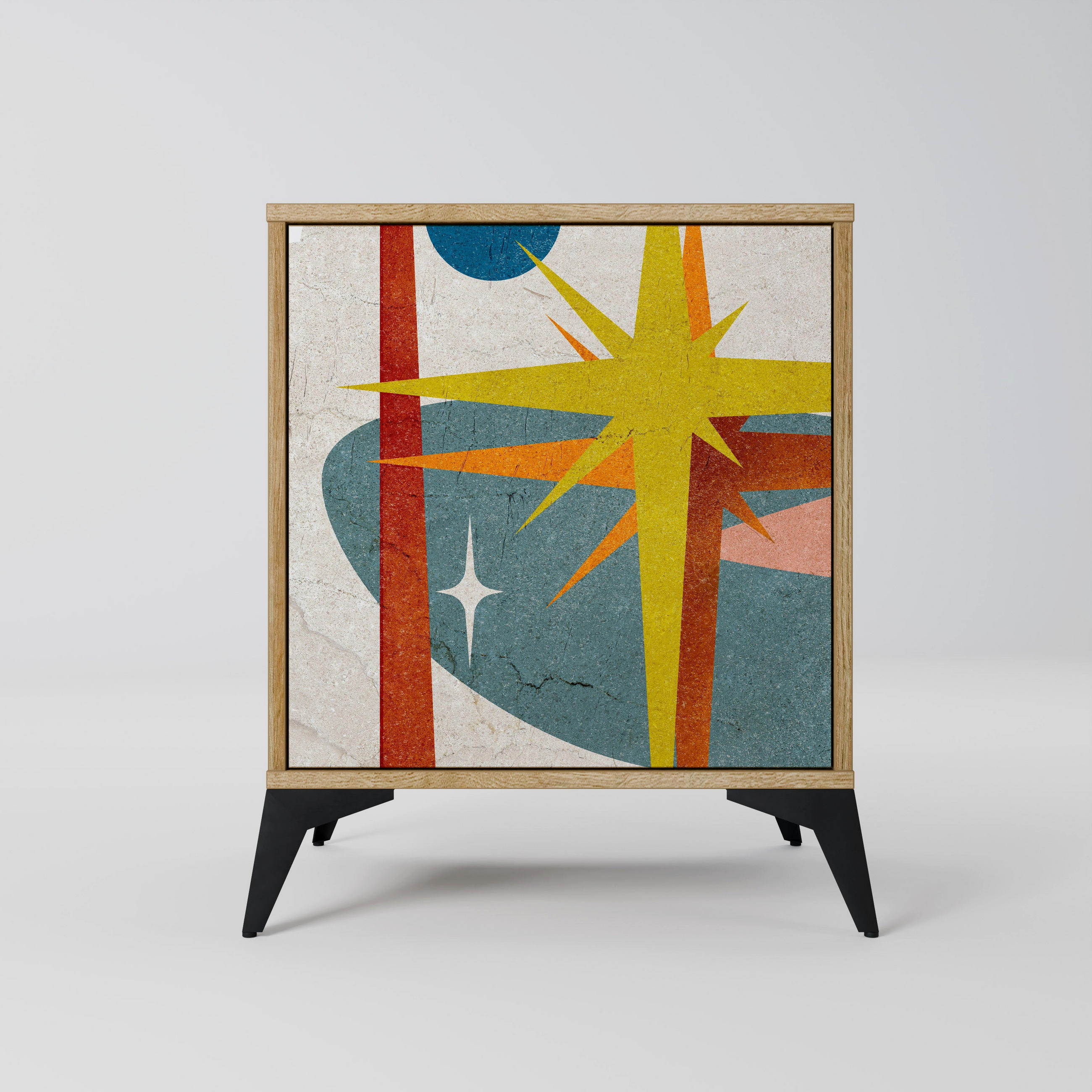 SIDEBOARD INTERSTELLAR VIBES, Eichefarben, 57,5x42x70,5 cm, Schwarze Metall-Sternfüße - Eichefarben/Multicolor, Holzwerkstoff/Metall (57.5/70.5/42cm) - SpaceRebels