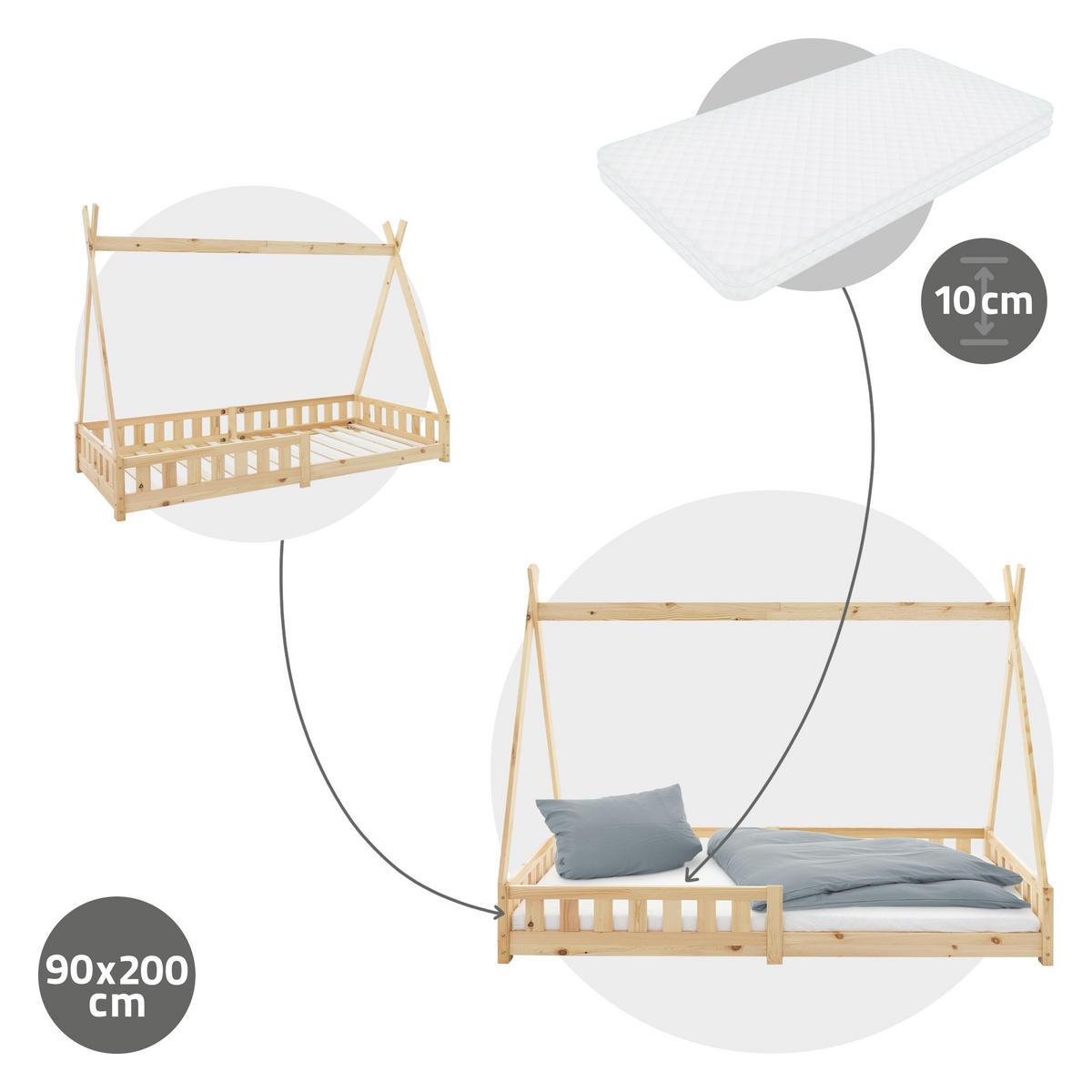 KINDERBETT Tipi mit Matratze 90x200 cm Natur - Naturfarben, Holz (90/200cm) - ML-DESIGN