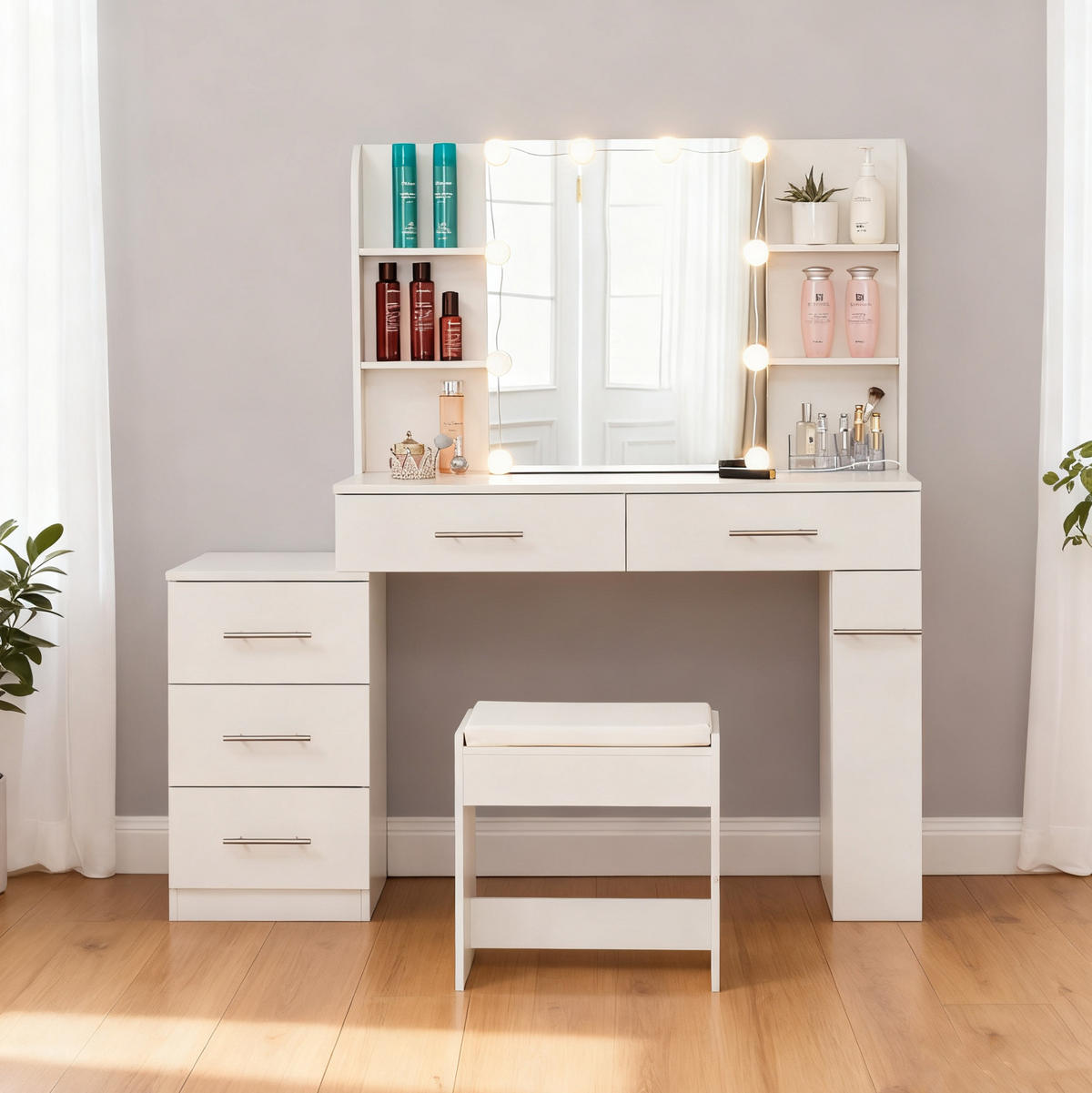 SCHMINKTISCH 100/40.5/136 mit Schiebespiegel, verstecktem Stauraum, LED-Beleuchtung und Hocker, Weiß - Weiß, Holzwerkstoff (100/136/40.5cm) - Redom