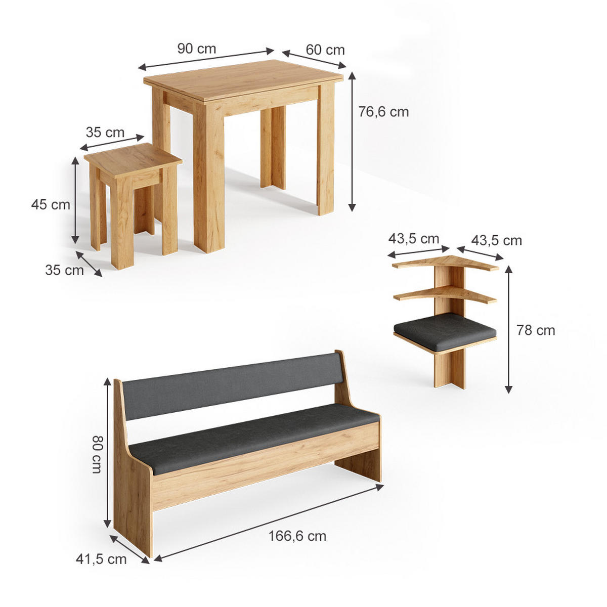 ECKBANKGRUPPE Roman Goldkraft Eiche 210 x 41.5 cm mit Tisch - Honigeiche/Anthrazit, Holzwerkstoff (210/80/210cm) - Vicco