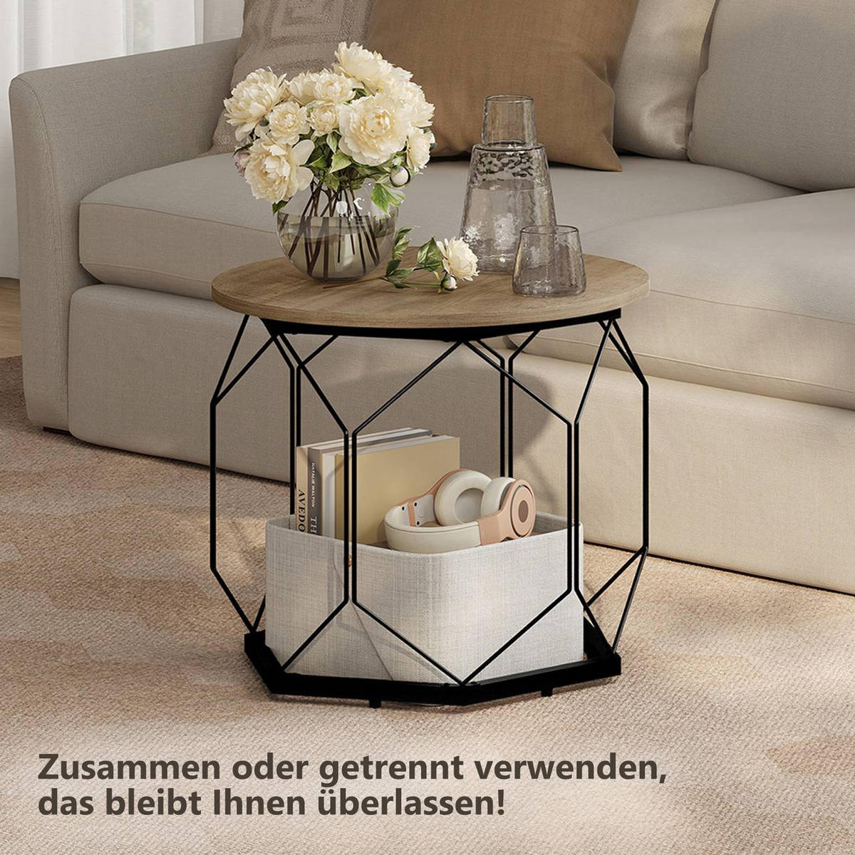 COUCHTISCH 2er Set, rund, Graue Holzoptik - Schwarz/Sonoma Eiche, Holzwerkstoff/Metall (50/50/45cm) - Woltu
