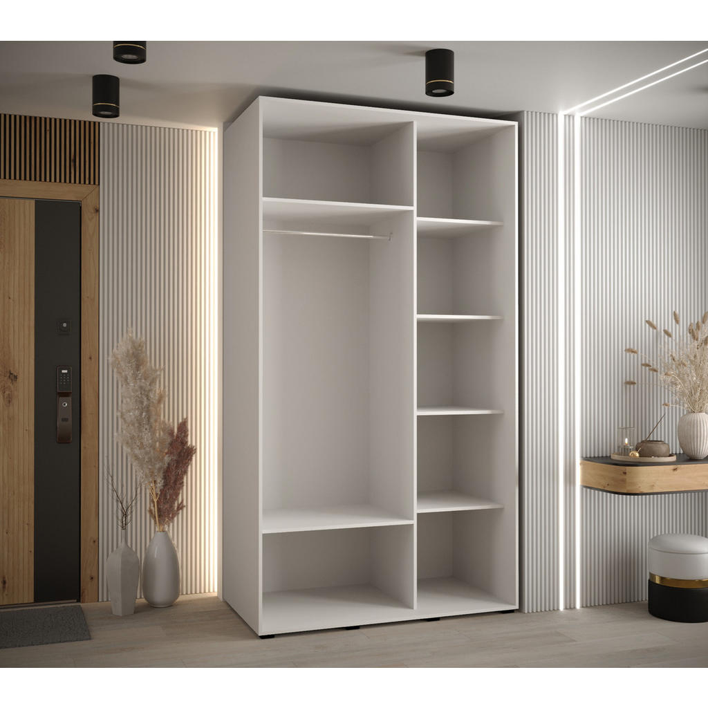 Thumbnail - Abiks Möbel Schwebetürenschrank, Weiß, Eiche Artisan, Silber, Metall, Nachbildung, 6 Fächer, 130x235x60 cm, Schlafzimmer...