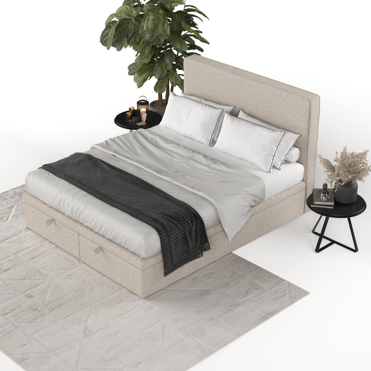 POLSTERBETT Hush mit Stauraum 140/200 cm Hellbeige im Megan Stoff - Sandfarben/Schwarz, Holz/Holzwerkstoff (140/200cm) - AltaBeds