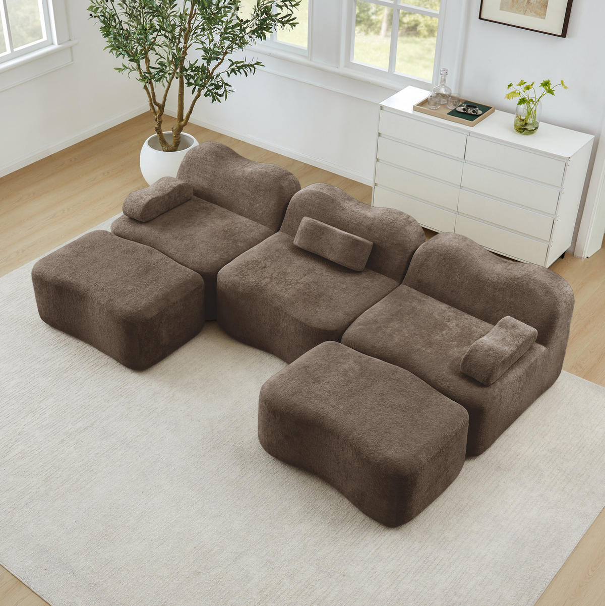 ECKSOFA 288/167/70 cm modular braun aus Samt mit tiefer Sitzfläche und 2 Hockern - Braun, Textil (167/288cm) - OKWISH