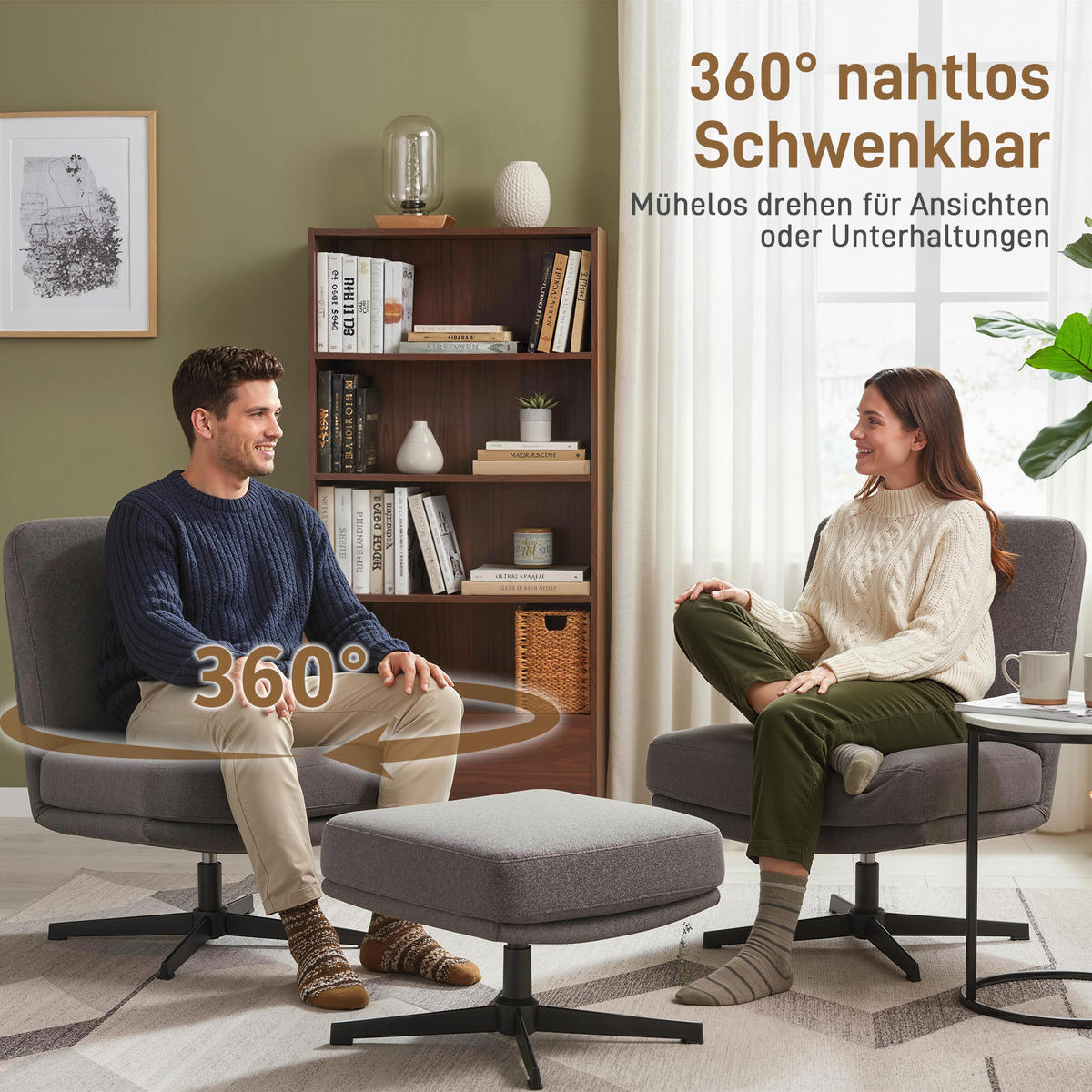 SESSEL mit Hocker Drehbar Loungesessel mit Leinenoptik für Wohnzimmer Dunkelgrau - Dunkelgrau/Schwarz, Textil/Metall (68/93/91cm) - HOMCOM