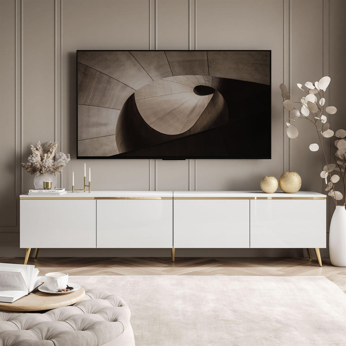 TV-RACK CELINE GLOSS 200 cm auf schräge goldenen Füßen - Weiß, Holzwerkstoff (200/48/40cm) - Lookway