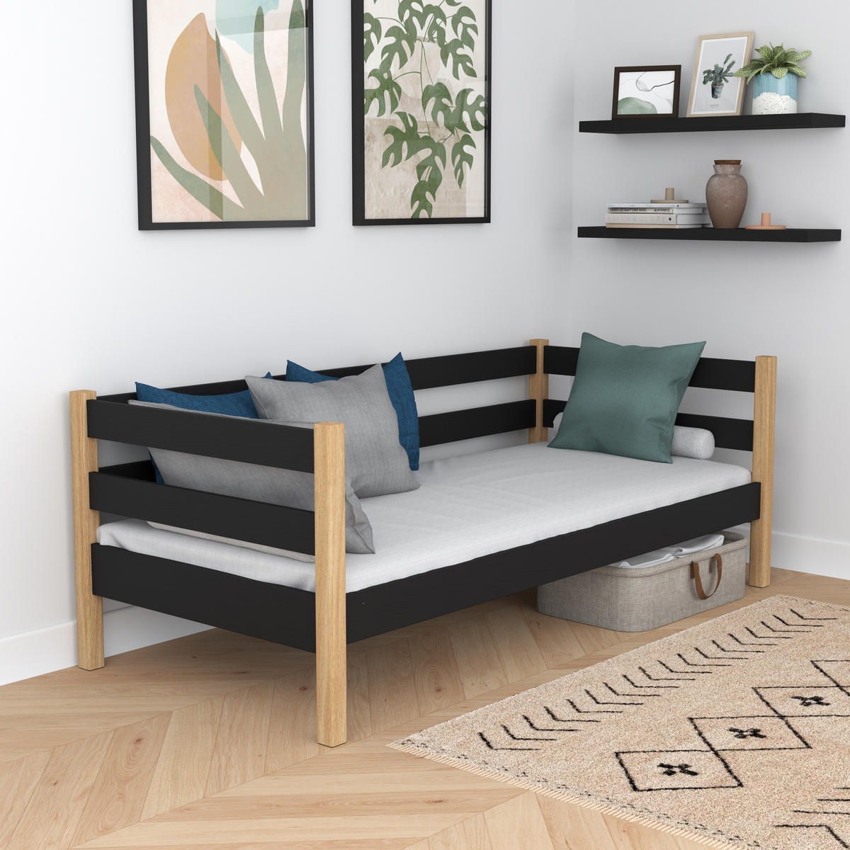 TAGESBETT Schwarz / Eiche Natur 120/190 - Schwarz/Eiche Artisan, Naturmaterialien/Holz (120/190cm) - N-Wood