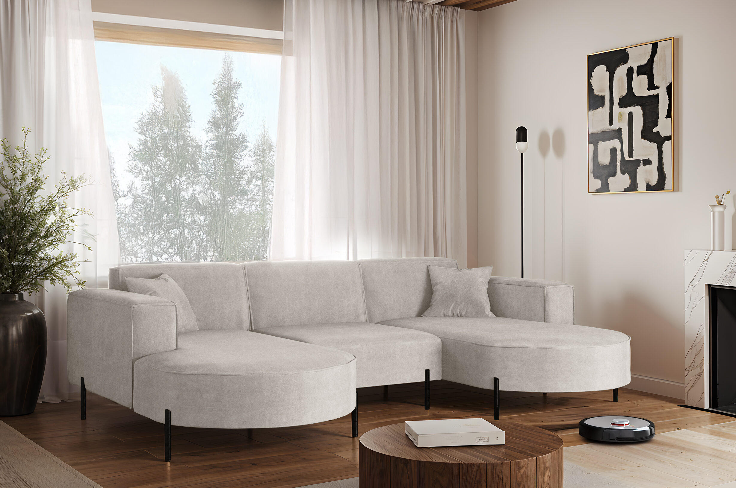 ECKSOFA U-Form Designer Modena Rein Stoff Noel Hellgrau - Hellgrau, Holz (165/299cm) - Kaiser Möbel