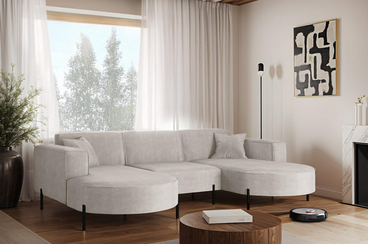 ECKSOFA U-Form Designer Modena Rein Stoff Noel Hellgrau - Hellgrau, Holz (165/299cm) - Kaiser Möbel