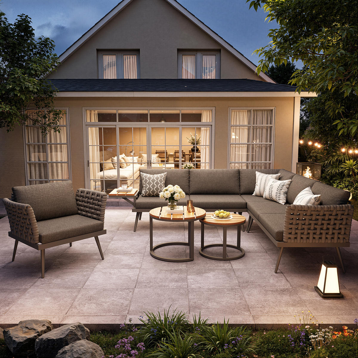 GARTENSET L-Form 6 Personen Grau Inkl. 2 Tische & Sessel Mit Polstern - Grau, Metall - FLIEKS