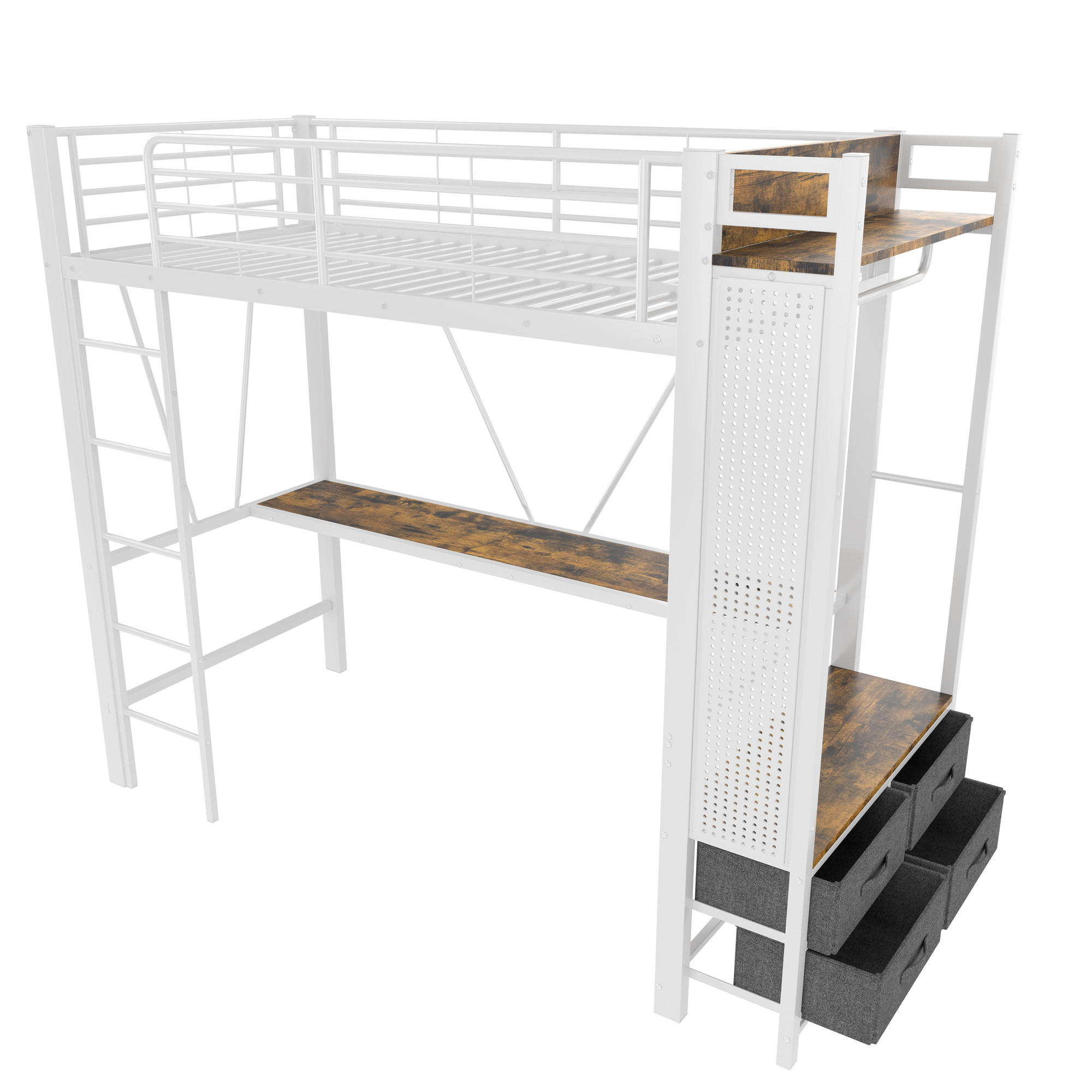 HOCHBETT 90/200 cm DE-04673, mit Schreibtisch, 4 Schubladen und LED in Weiß - Weiß, Metall (90/200cm) - ComfortXL