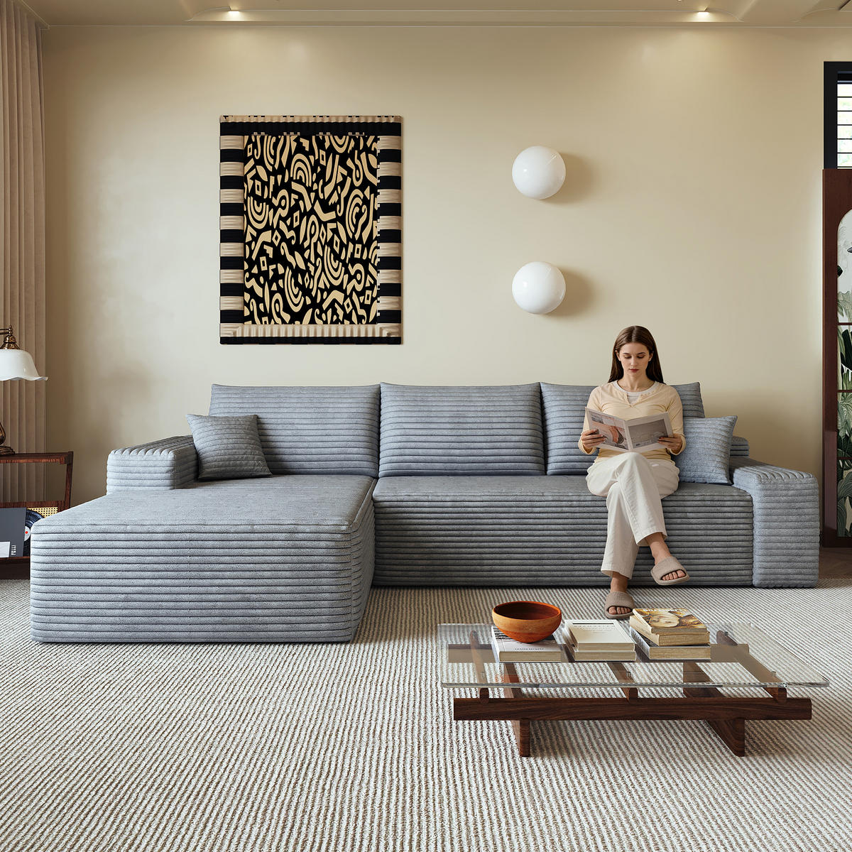ECKSOFA 270/175/83 cm Grau Cord mit Chaiselongue, Linke Seite - Grau, Textil (270/175cm) - Oxeza