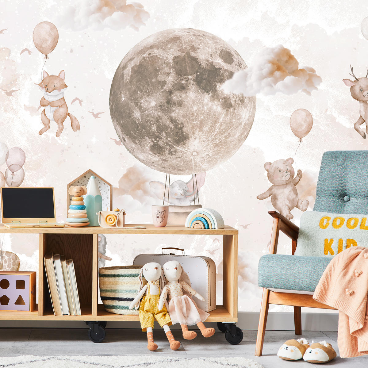 FOTOTAPETE für Kinderzimmer Mond Ballons Bär Rehkitz Giraffe Wolken 200x140 - Beige/Rosa, Papier (200/140cm) - Muralo
