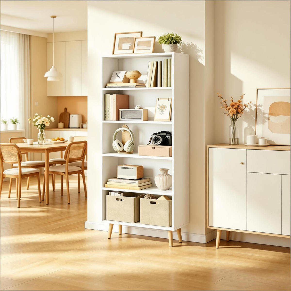 BÜCHERREGAL Weiß 5 offene Fächer und Massivholzfüße 60/24/144 cm - Weiß, Holz (24/144/60cm) - PANGIVO