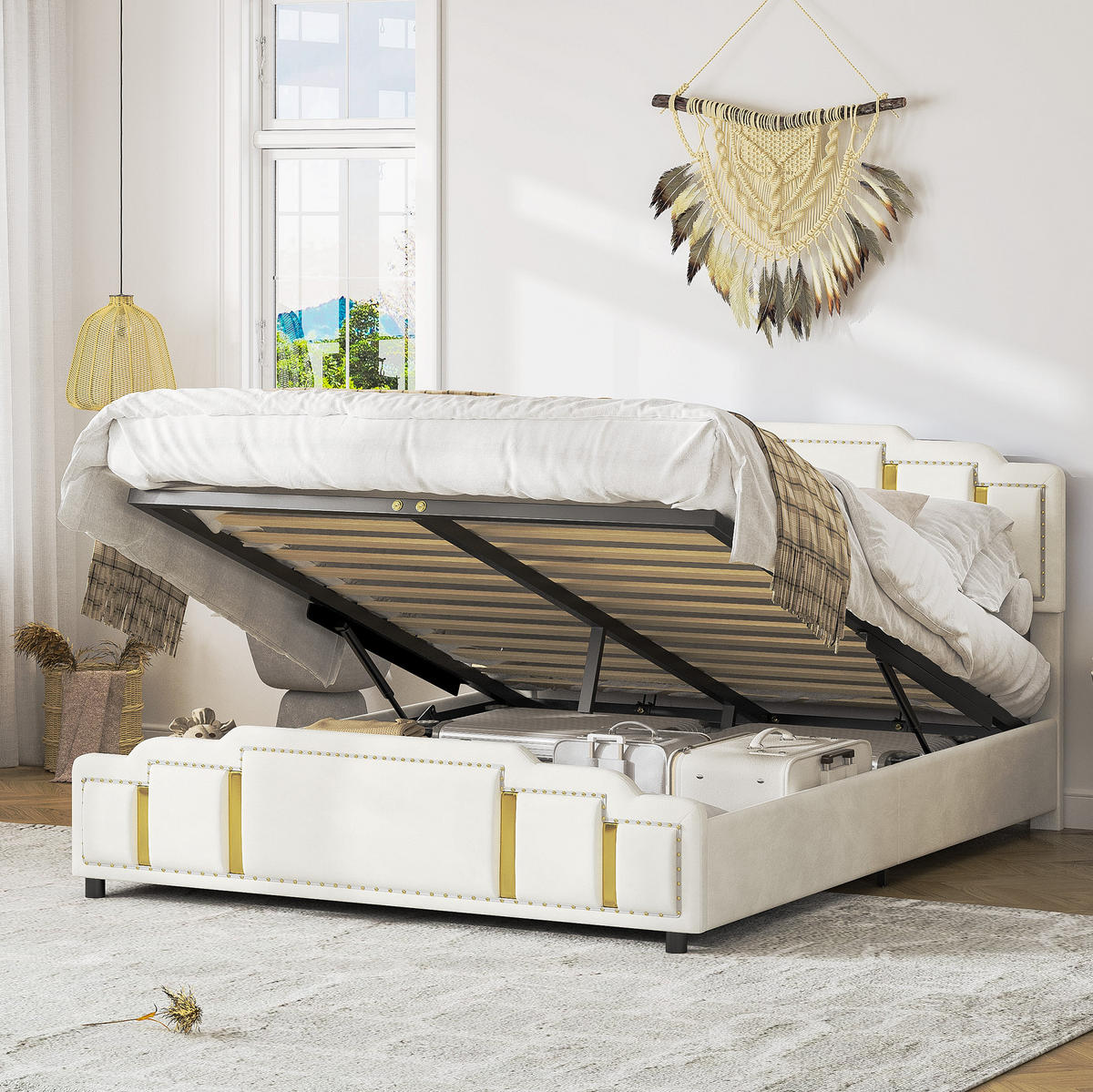 POLSTERBETT 140x200 cm in Beige mit LED-Beleuchtung und hydraulischem Bettkasten - Beige, Textil (140/200cm) - IVMEU
