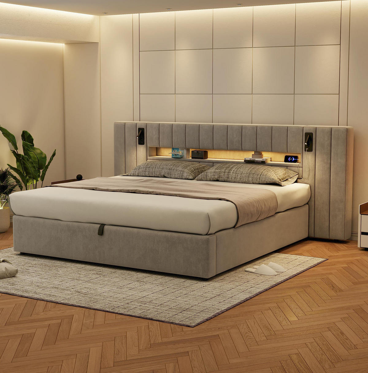 POLSTERBETT 180/200 cm mit LED-Beleuchtung, USB-Anschlüssen, Nachttischlampe und Bettkasten, Grau - Grau, Textil (180/200cm) - Redom