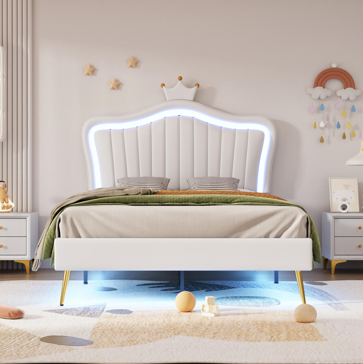 KINDERBETT 90/200 cm in Weiß mit LED und Muschel-Kopfteil aus Kunstleder - Weiß, Textil (90/200cm) - BEAOK
