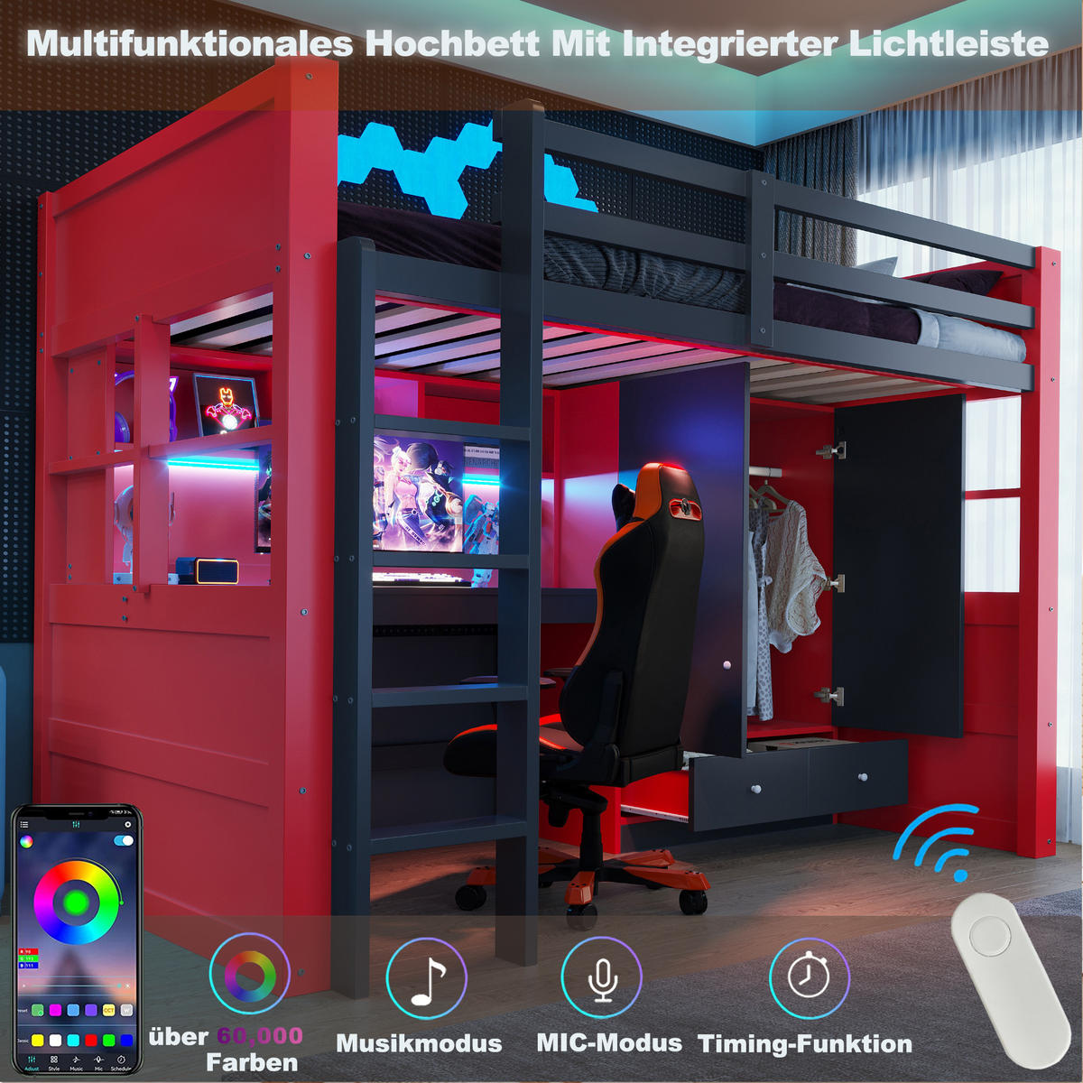 HOCHBETT 90x200cm Gaming Schreibtisch Schrank Stauraum Rot - Multicolor, Holz (90/200cm) - FLIEKS