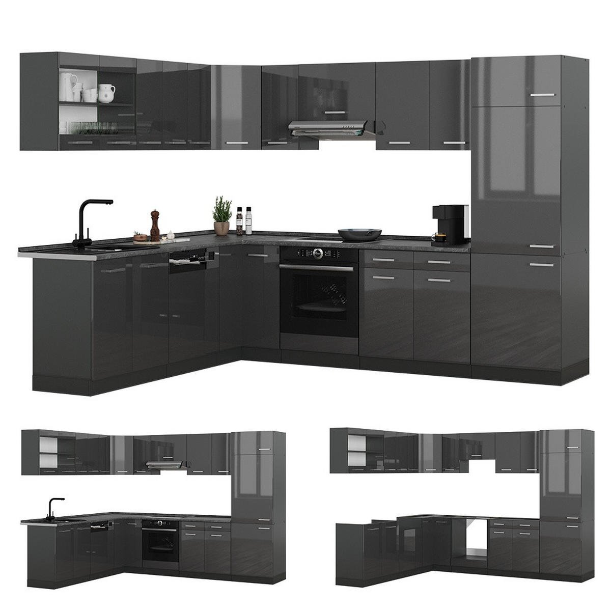HÖRNKÖK R-Line, Antracit högblank/antracit, 287 x 227 cm utan bänkskiva - Antracit/Svart högglans, Träbaserade material (287/206.8/46cm) - Vicco