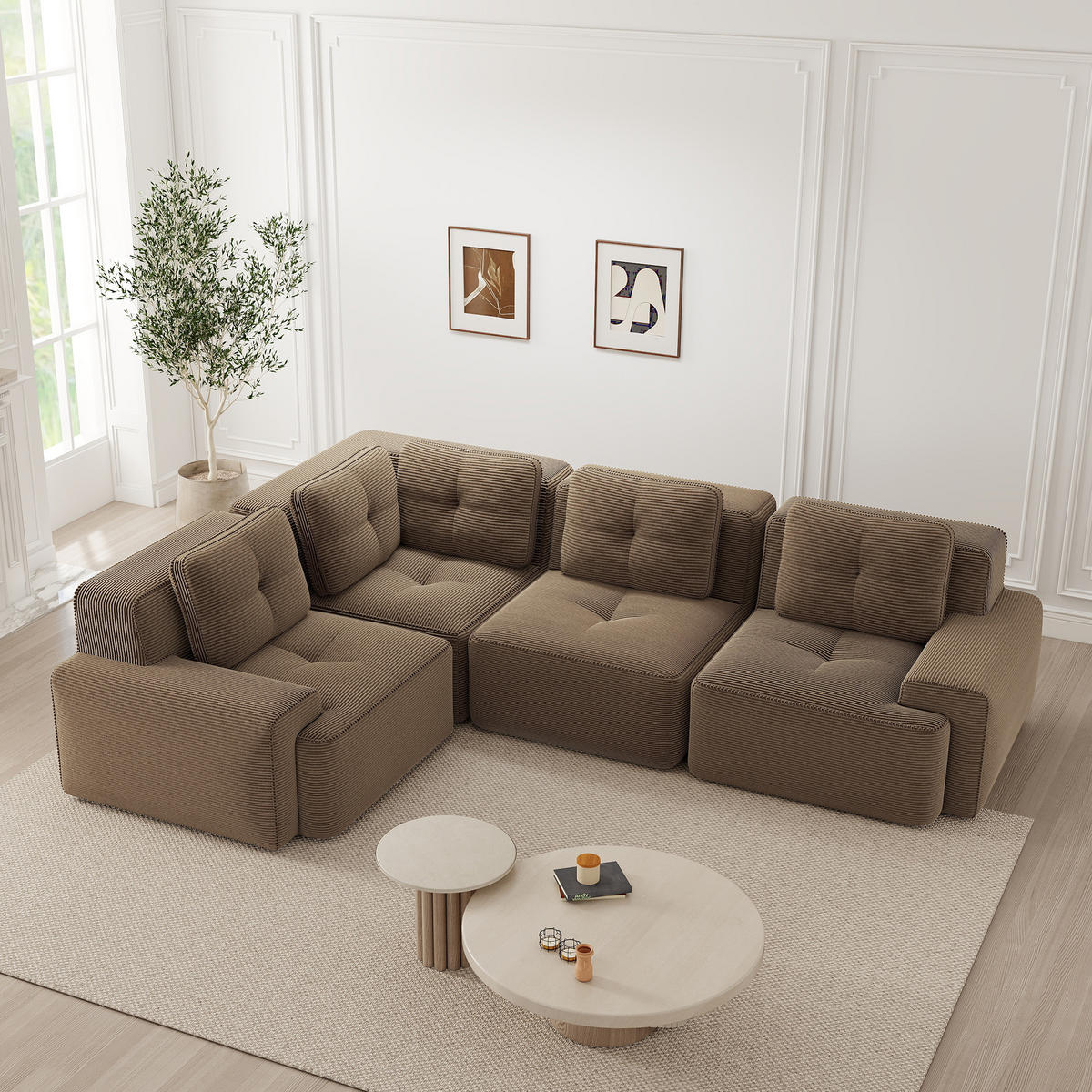 ECKSOFA Cord Braun Modulares Design und Rutschfester Standfuß - Braun, Textil (382/177cm) - WISHDOR