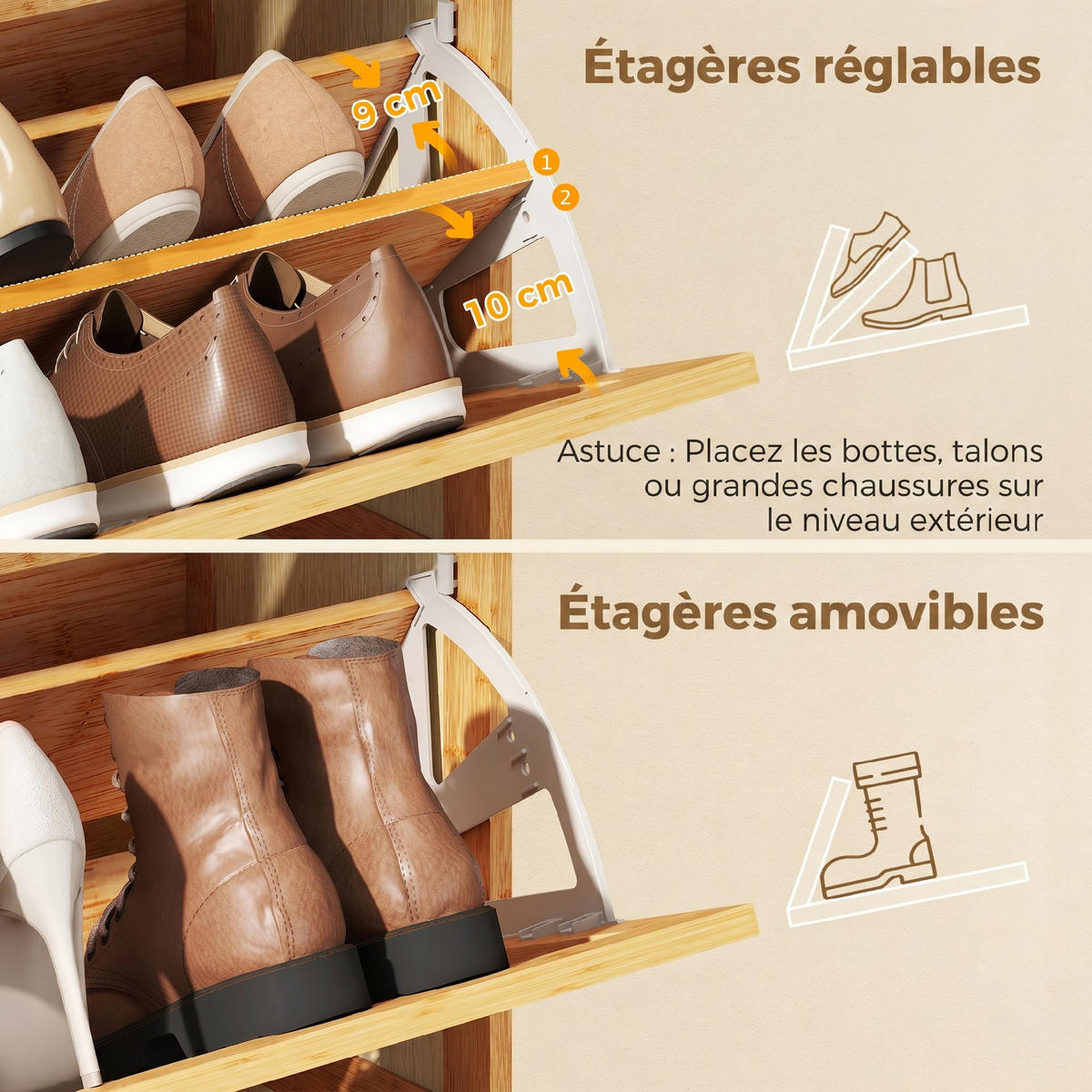 SCHUHSCHRANK,3 Klappschubladen für 14 Paar 69x29x119,8cm,naturholz - Beige, Holzwerkstoff (69/119.8/29cm) - Vallsero